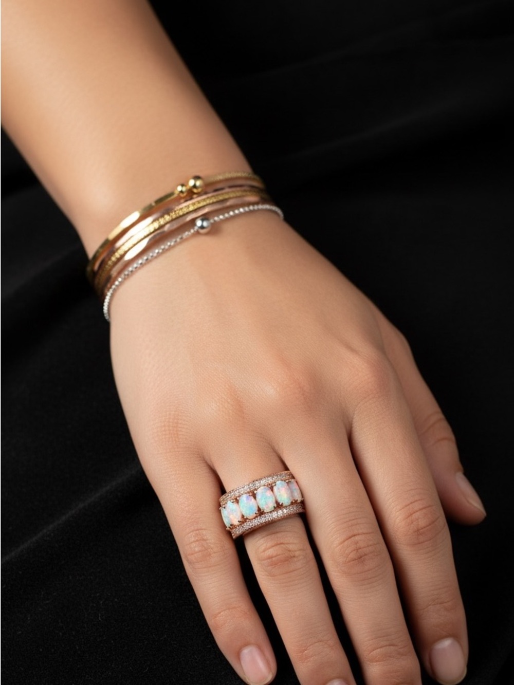 Rose Gold Plated Opal and Cubic Zirconia Band Ring.